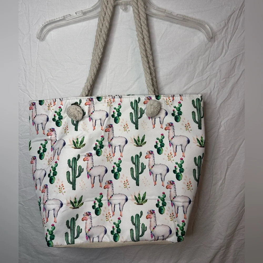 Llama & Cactus Canvas Tote Bag | Rope Handles | Boho Beach Bag